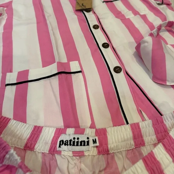NWT Patiini Matching Pink/White Striped Pajama Set with Eye Mask Womens Size M - Picture 6 of 8